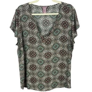 Rose & Rhyme Cream and Brown Patterned Relaxed Cap Sleeve Blouse Size 1X